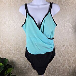 Trimshaper Size 18 Seafoam Green/Aqua and Black One Piece Swimsuit Wrap Look